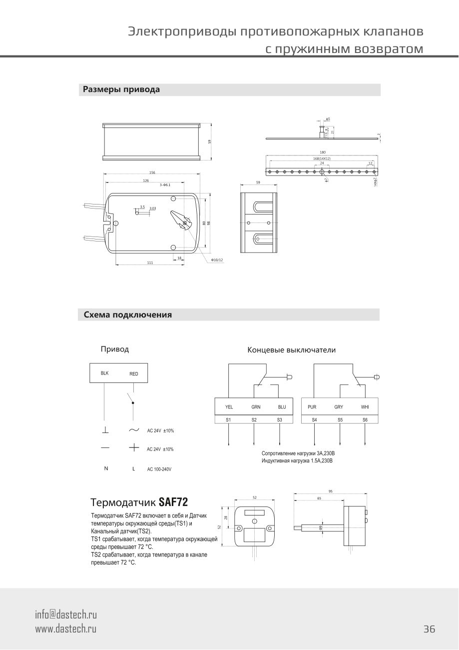 Размеры и схема подключения электропривода Dastech FR-05N24S